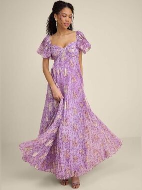 LULUS Pleated Chiffon Sweetheart Flutter Sleeve Empire Waist Fairycore Dress M